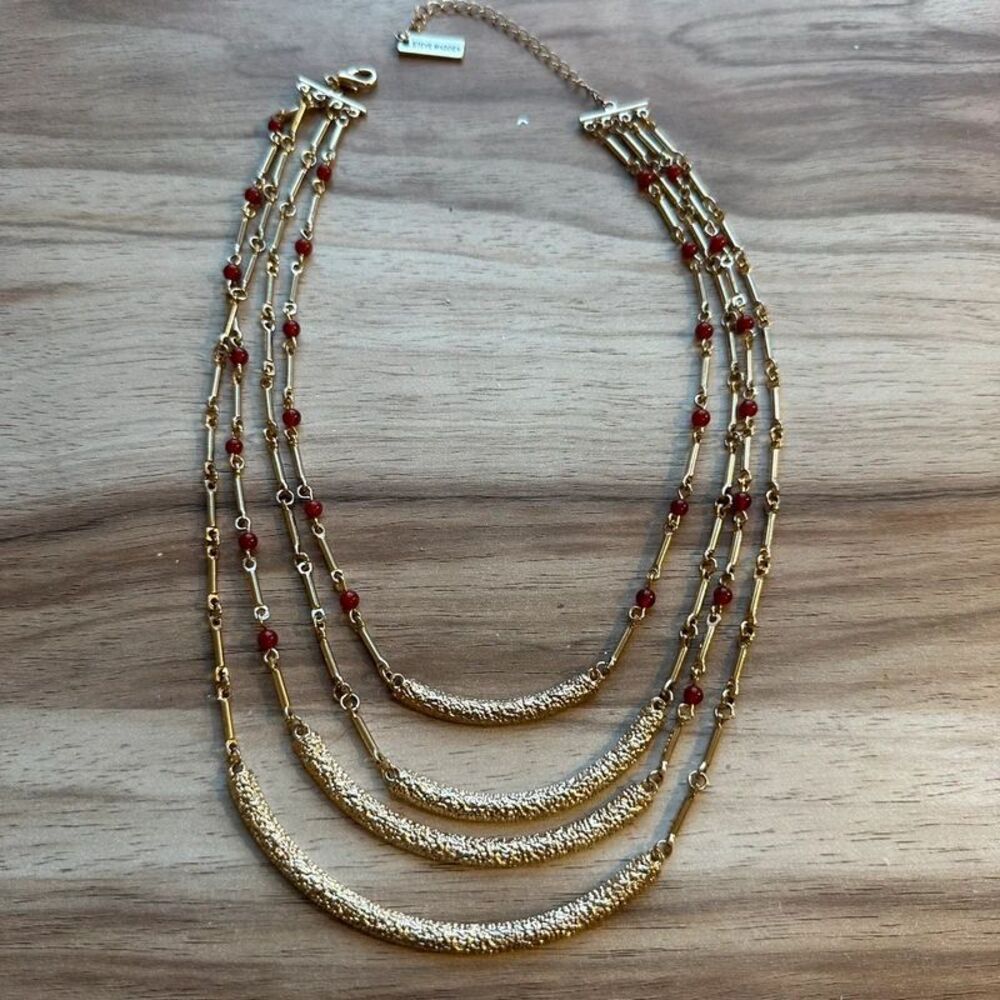 Steve Madden Gold Tone Multi Strand Necklace Red Beads Statement Jewelry